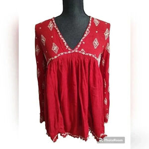 Free People Oversized Boho Crepe Embroidered Floral Open Back Tunic Blouse